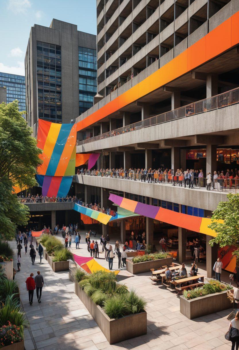 A vibrant and dynamic illustration showcasing the Barbican Centre, with its iconic architecture in the background, people engaging with various art installations, and colorful banners representing diverse cultural events. Include elements of theater, music, and visual arts, with an inviting atmosphere that encourages exploration and creativity. Emphasize lively colors and a blend of artistic styles. super-realistic. vibrant colors. 3D.