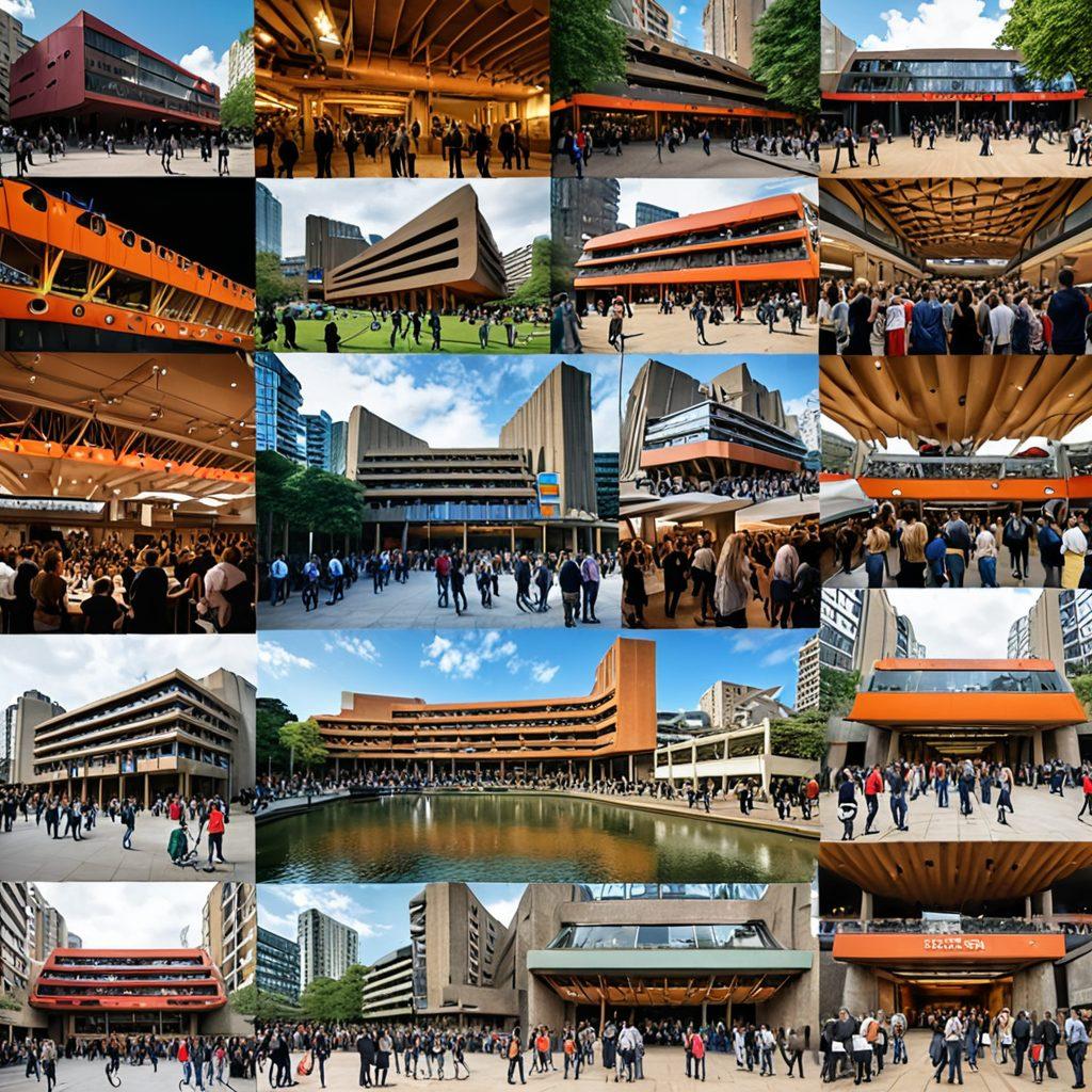 A vibrant collage representing the Barbican Centre, featuring live music performances, art installations, and community gatherings. Include diverse groups of people engaging with art and music, with the iconic Barbican architecture in the background. Capture the energetic spirit of cultural connection and creativity. bright colors. super-realistic. lively atmosphere.