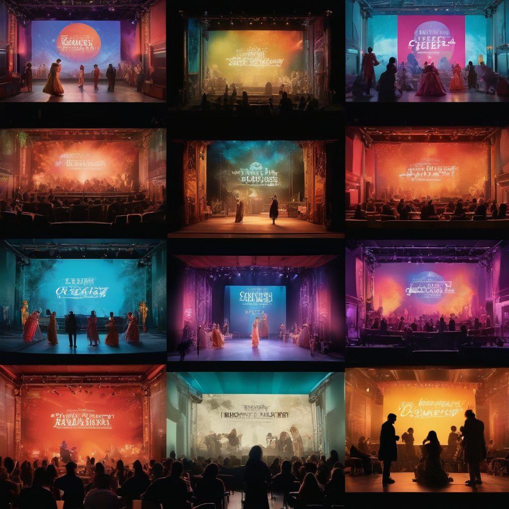 A vibrant collage showcasing a theatrical stage transitioning into a cinematic set, with actors in costumes seamlessly moving between the two realms. Include elements like film reels and stage lights illuminating the scene, symbolizing the fusion of theatre and film. The background features the iconic Barbican building, filled with colorful artsy banners. Use a dynamic color palette to evoke creativity and excitement. super-realistic. vibrant colors. cinematic.